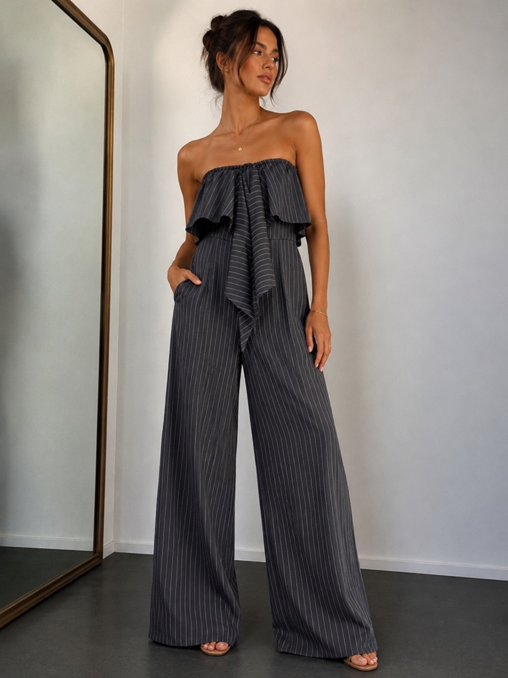 Active USA Black Pinstripe Strapless Wide-Leg Jumpsuit